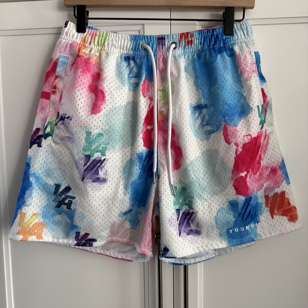 YoungLa 141 The Block Party Shorts Color Splash Mesh Pockets Elastic Waist Med